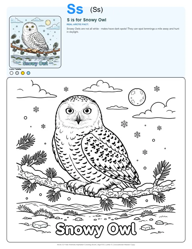 Free Coloring Pages For Girls Snowy Owl - Letter S Coloring Page