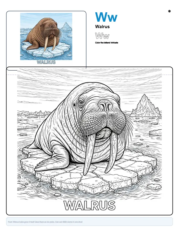 Walrus Coloring Pages For Kids - Letter W Coloring Page